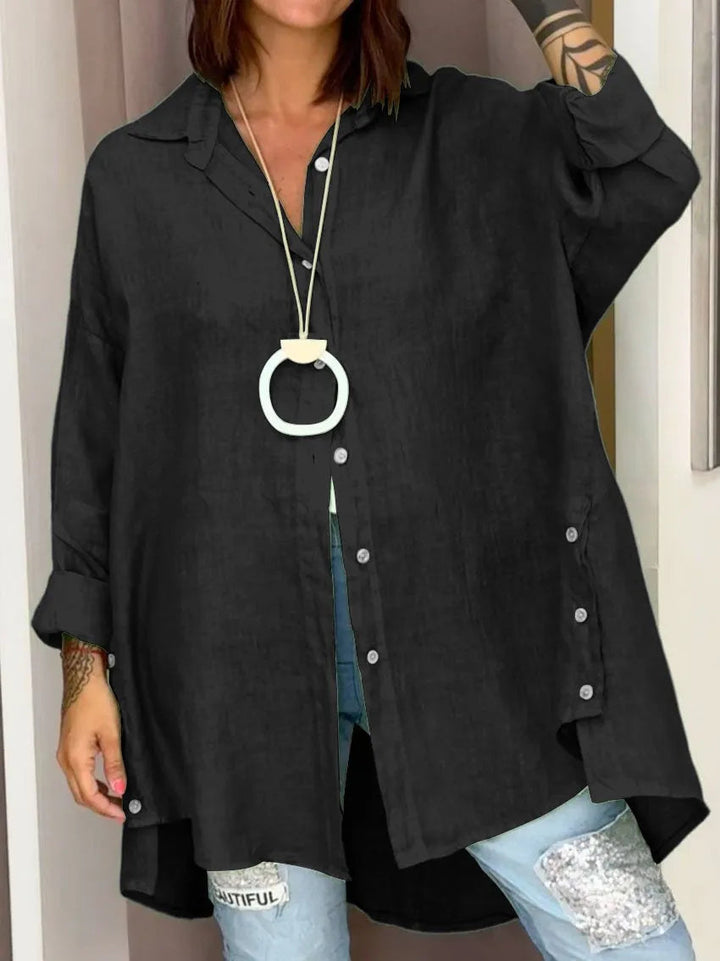 Comfortabele zwarte dames shirt blouse met lange mouwen, perfect voor een modieuze en moeiteloze uitstraling.