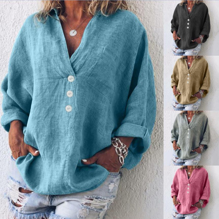 Khaki dames oversized button-down blouse, casual met V-hals en lange mouwen, voor ultiem comfort.