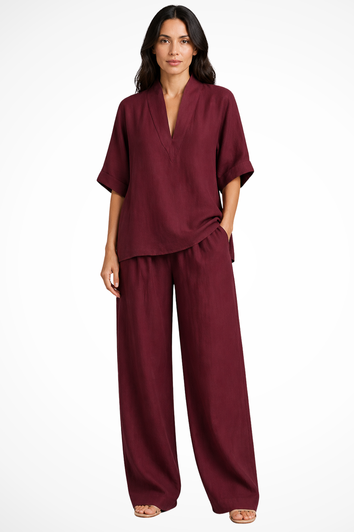 Elegante dames set met V-hals top en wide leg broek, oversized pasvorm voor ultiem comfort en stijl.