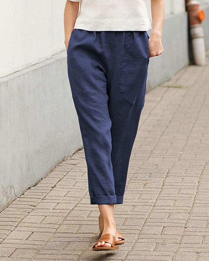 Dames cropped broek met elastische taille, ideaal voor comfortabele zomerse dagen en casual stijl.