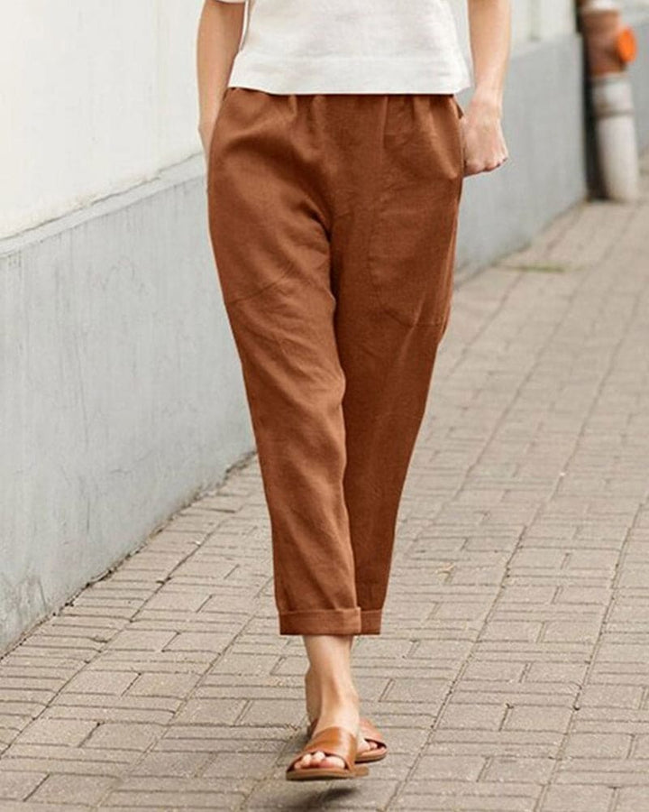 Comfortabele dames cropped chino broek, high-waisted met elastische taille voor lente & zomer.