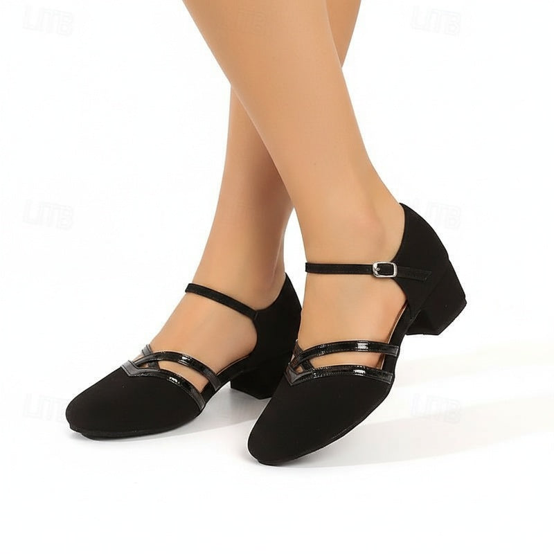 Elegante zwarte dames dansschoenen met enkelbandjes en stabiele blokhak, ideaal voor ballroom of avond.