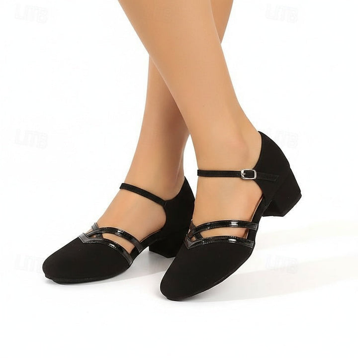Elegante zwarte dames dansschoenen met enkelbandjes en stabiele blokhak, ideaal voor ballroom of avond.