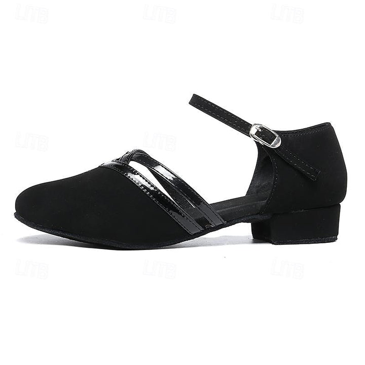 Dames dansschoenen met enkelbandjes en comfortabele blokhak, zwart, elegant en geschikt voor latin & ballroom.