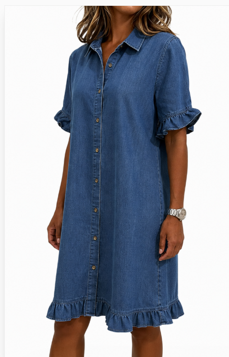 Lente/zomer dames denim jurk, boven de knie, met knopen, ruches en stijlvolle volant mouw. Casual chic.