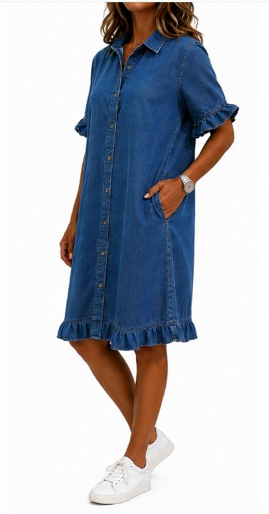 Trendy dames denim jurk in klassiek blauw met korte volantmouwen, ruches en volledige knoopsluiting.