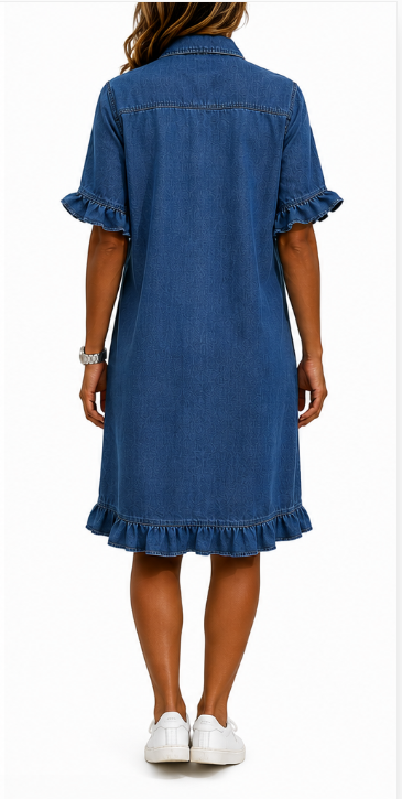 Veelzijdige dames denim jurk met knoopsluiting, ruches en volantmouwen, verkrijgbaar in blauw, zwart, wit.