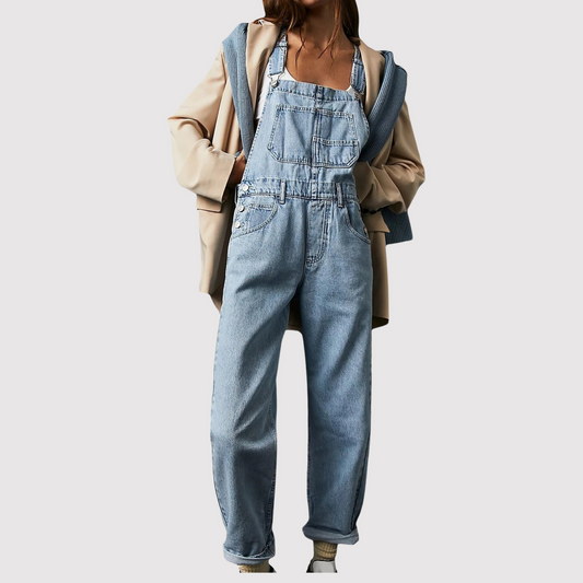 "Dames denim tuinbroek met relaxte pasvorm, verstelbare schouderbanden en zakken, perfect voor casual en speelse looks."
