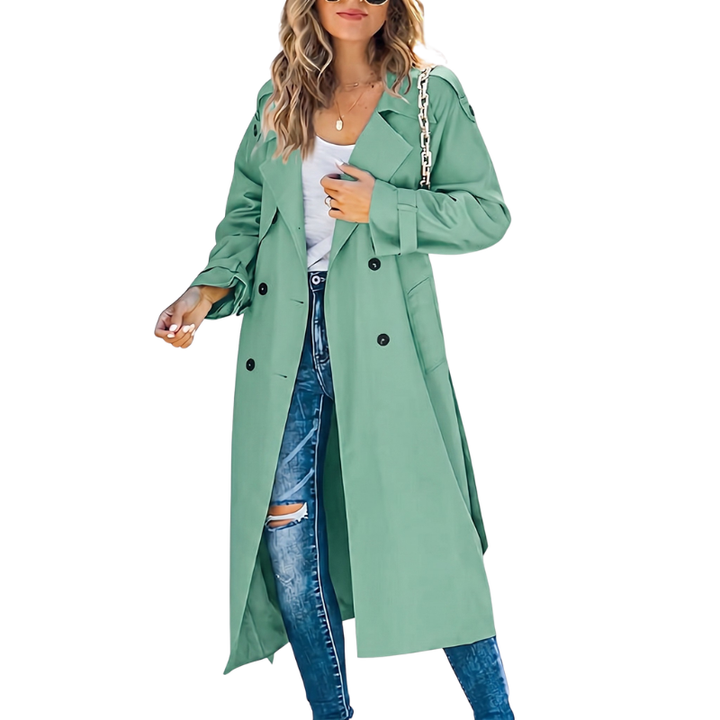 Elegante dames trenchcoat, double-breasted design, voorzien van een chique ceintuur. Tijdloze mode voor elke stijlvolle vrouw.