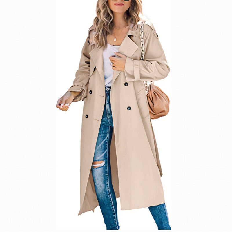 Stijlvolle double-breasted dames trenchcoat, veelzijdige bovenkleding met ceintuur. Tijdloze elegante jas voor alle seizoenen.
