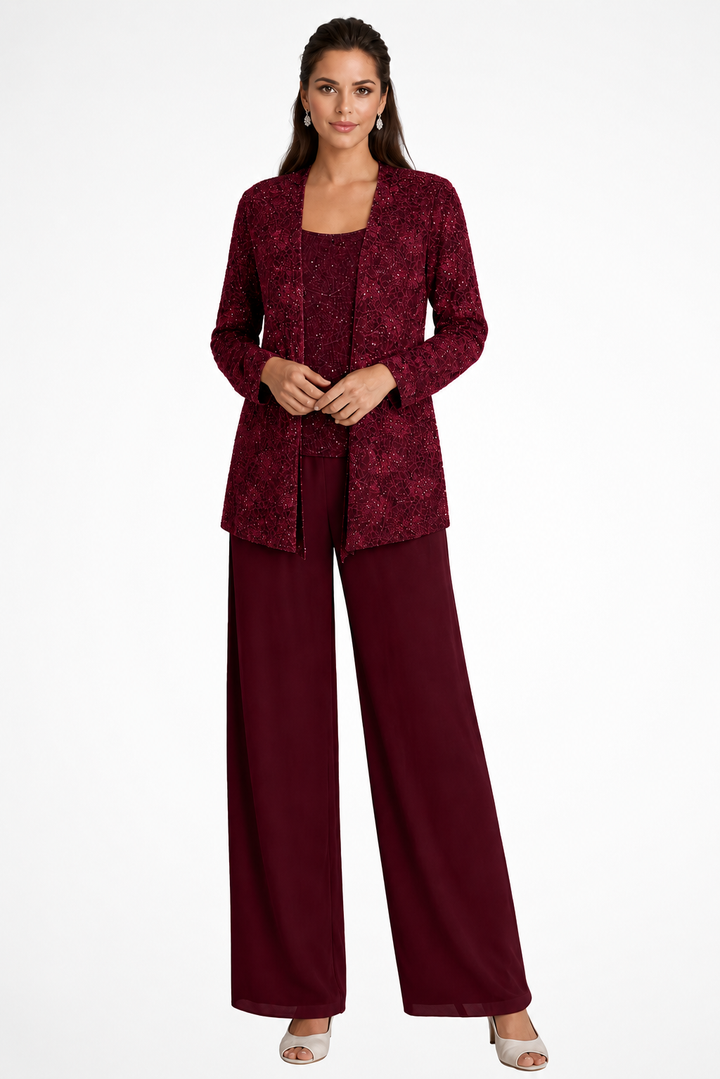 Feestelijk dames broekpak, compleet met sprankelend pailletten jacket en elegante wijde broek.