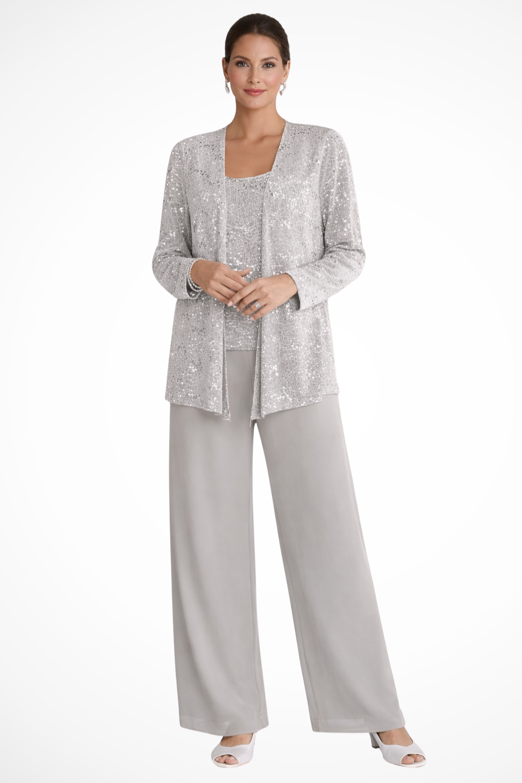 Dames driedelig broekpak: feestelijk pailletten jacket, wijde broek voor gala of avondkleding.