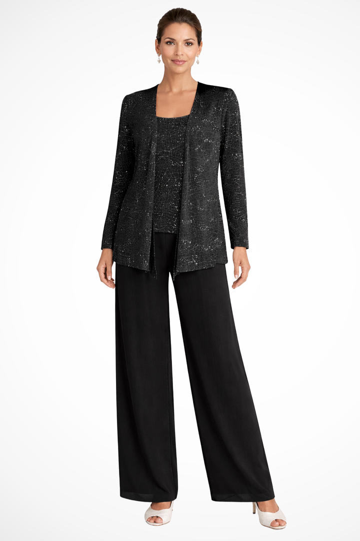 Feestelijk damesmode: compleet driedelig broekpak met elegant pailletten jacket voor speciale avonden.