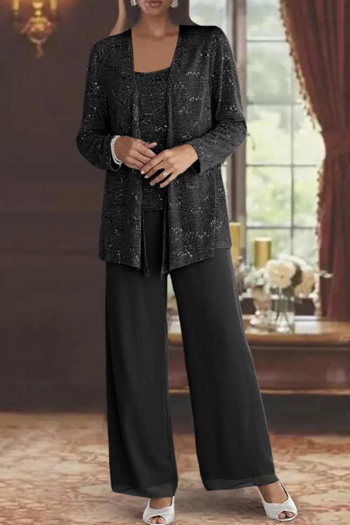 Dames avondkleding: glanzend pailletten jacket en wijde broek, perfect voor een chique event.