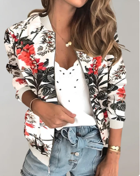 Veelzijdig dames bomberjack met bloemenprint, perfect voor een casual of trendy lente/herfst look.