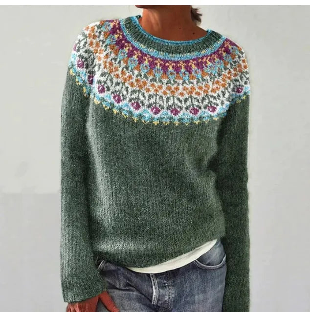 Warme gebreide dames trui, relaxed fit, met vintage patroon. Comfort voor de koudere winterdagen.