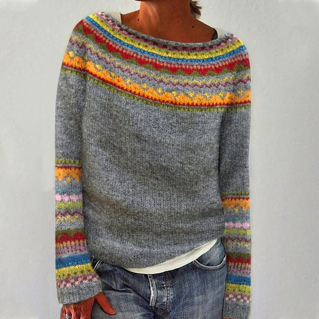 Dames gebreide trui met vintage patroon en comfortabele relaxte pasvorm. Ideaal voor casual winterdagen.