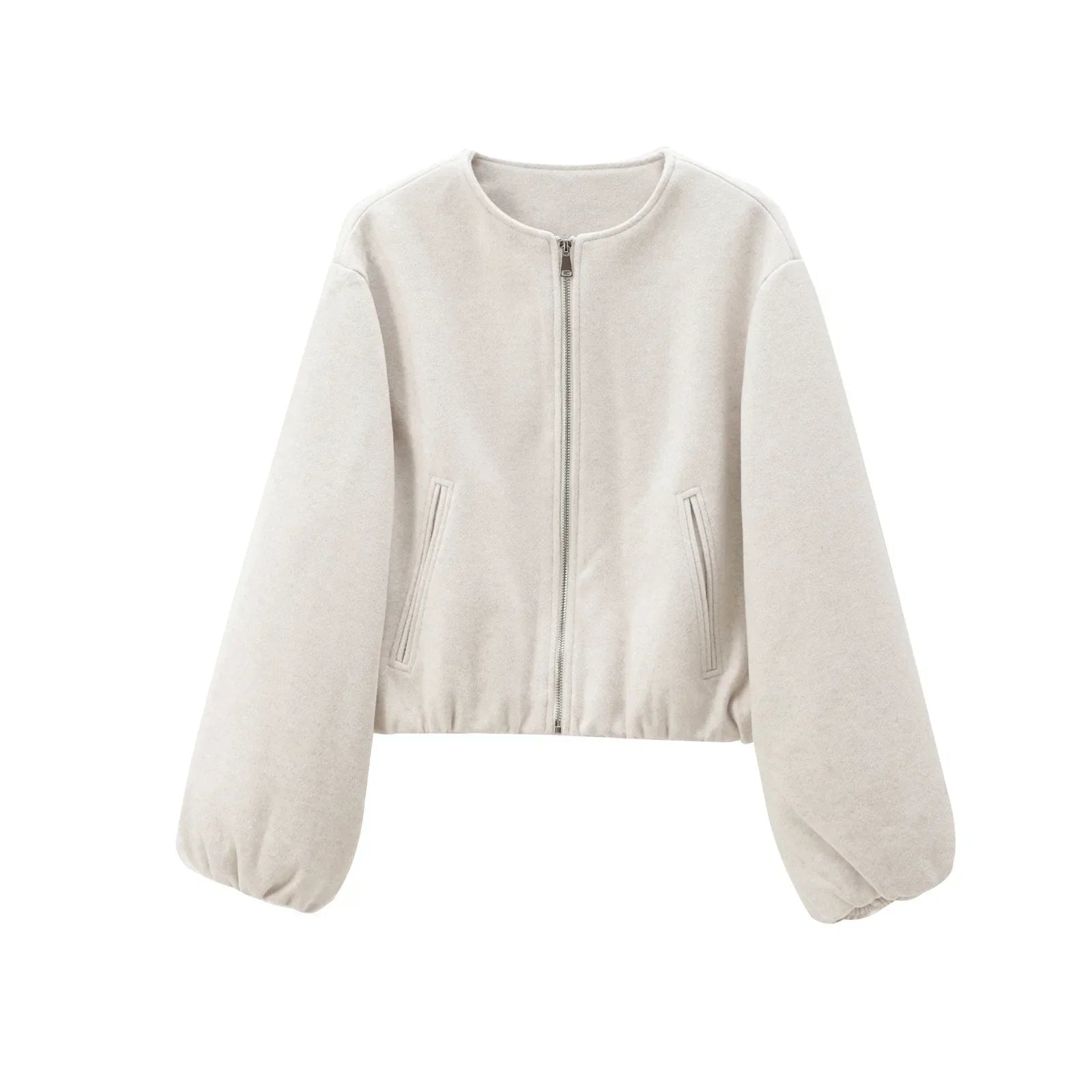 "Dames grijze bomberjas met ritssluiting, elastische tailleband en moderne oversized fit voor een stijlvolle casual look."
