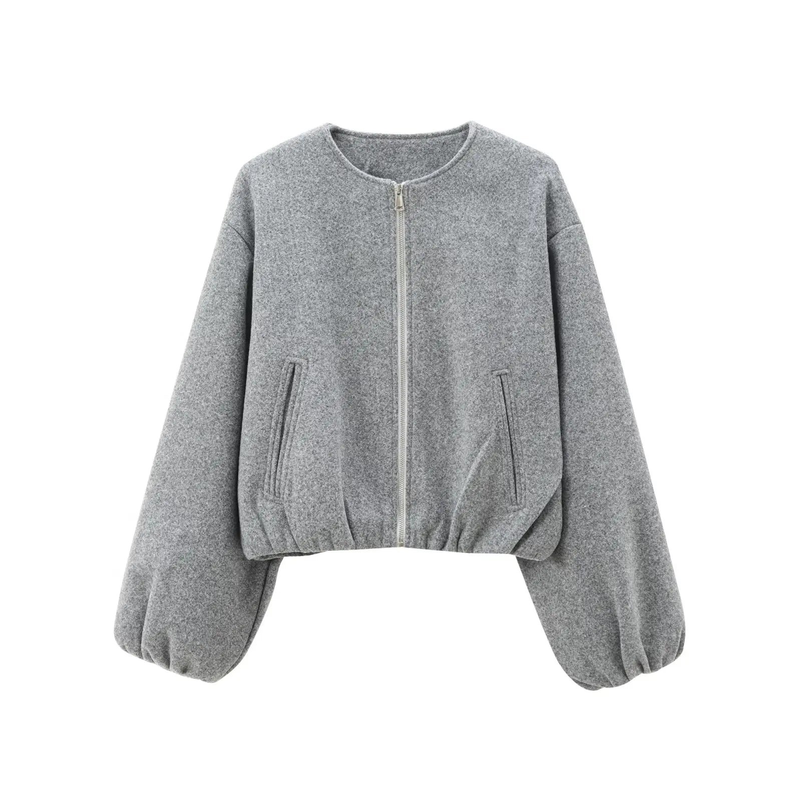 "Dames grijze bomberjas met ritssluiting, elastische tailleband en moderne oversized fit voor een stijlvolle casual look."