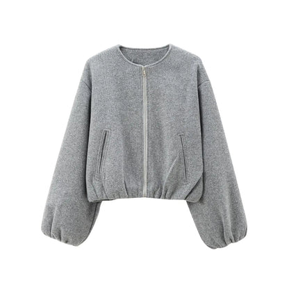 "Dames grijze bomberjas met ritssluiting, elastische tailleband en moderne oversized fit voor een stijlvolle casual look."