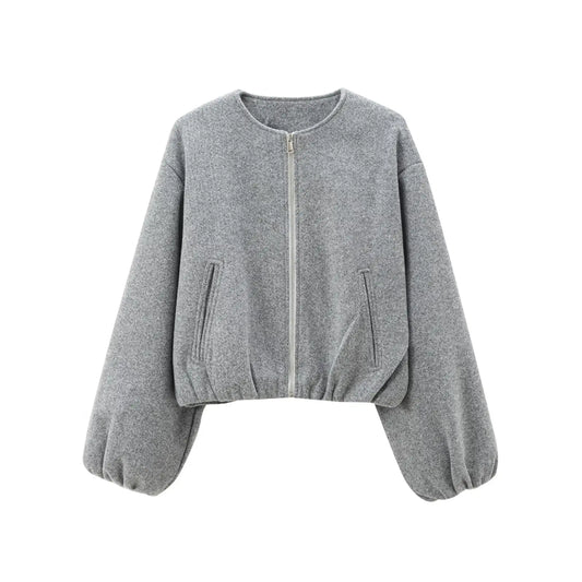 "Dames grijze bomberjas met ritssluiting, elastische tailleband en moderne oversized fit voor een stijlvolle casual look."