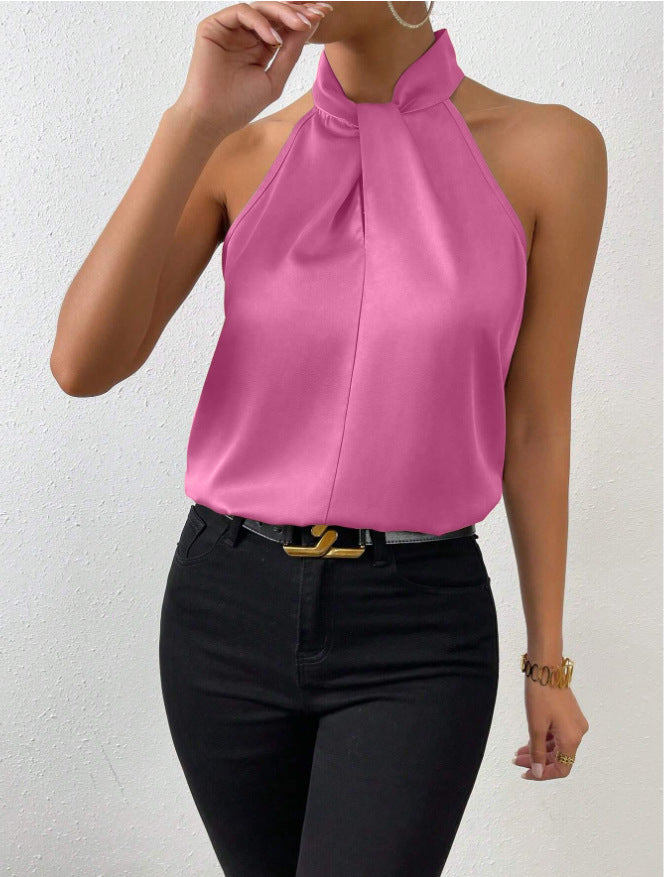 Modieuze dames haltertop met gedraaide hals, voor een elegante en stijlvolle verschijning.
