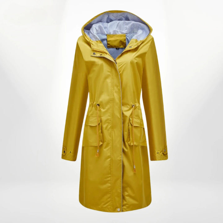 Stijlvolle dames lange jas, type anorak met capuchon, geschikt als winddichte vrijetijdsjas.