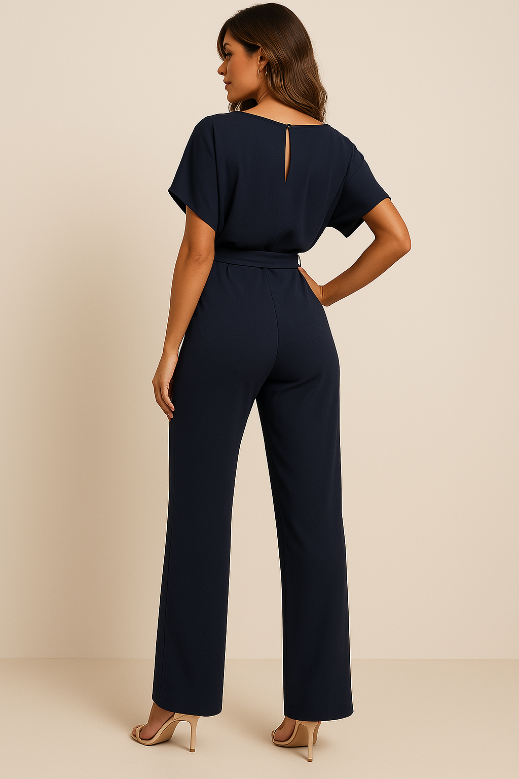 Chique dames jumpsuit korte mouw met strikceintuur; perfect voor een elegante zomeroutfit. Zeer comfortabel.