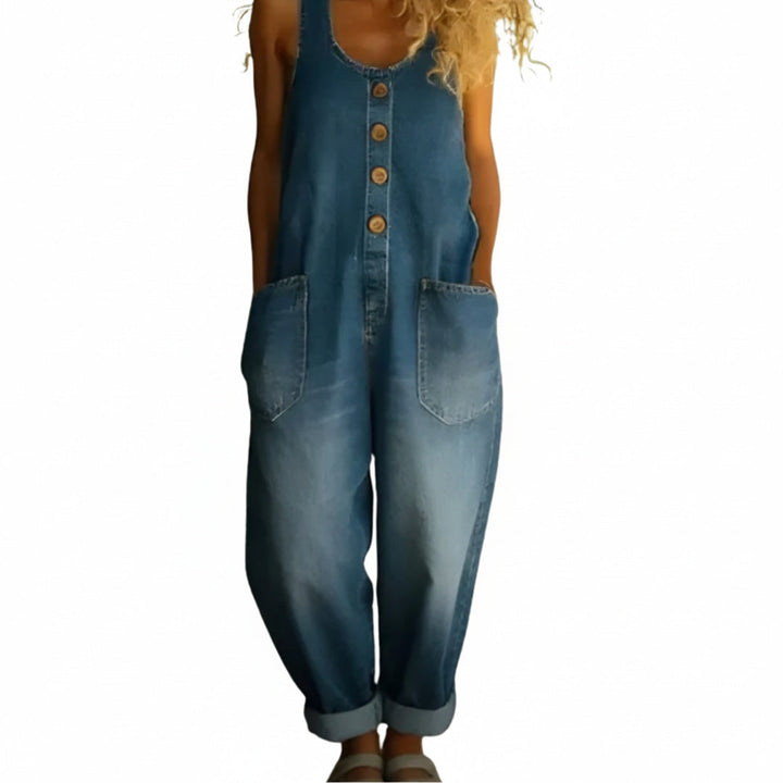 Dames mouwloze jumpsuit met knoopsluiting, praktische zakken en comfortabele loosefit voor een casual zomerse look.