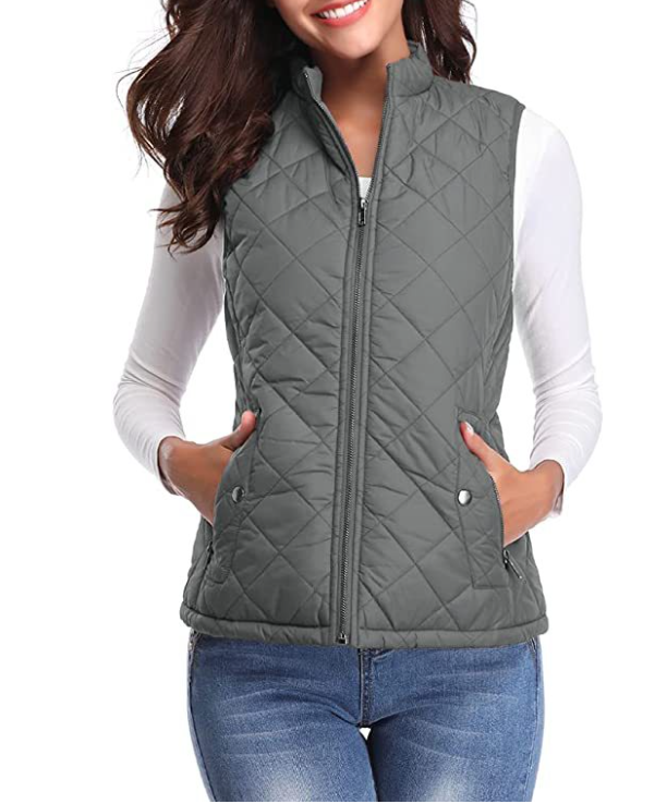 "Dames lichtgewicht gequilt ritsvest, stijlvol design met functionele zakken, perfect voor overgangsseizoenen."