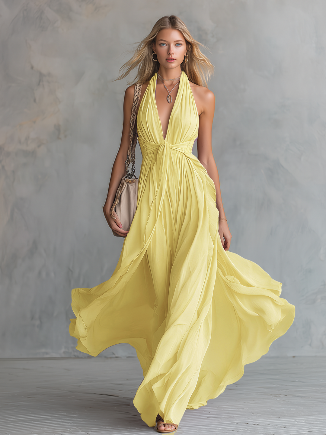 Formele dames jurk, A-lijn silhouet, halternek en diepe V-hals. Ideaal als avondkleding.