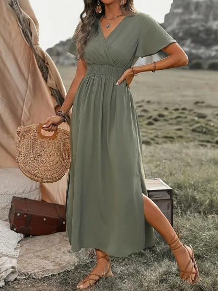 Bohemian A-lijn maxi jurk voor dames, met overslag V-hals, vlindermouwen en elastische taille.