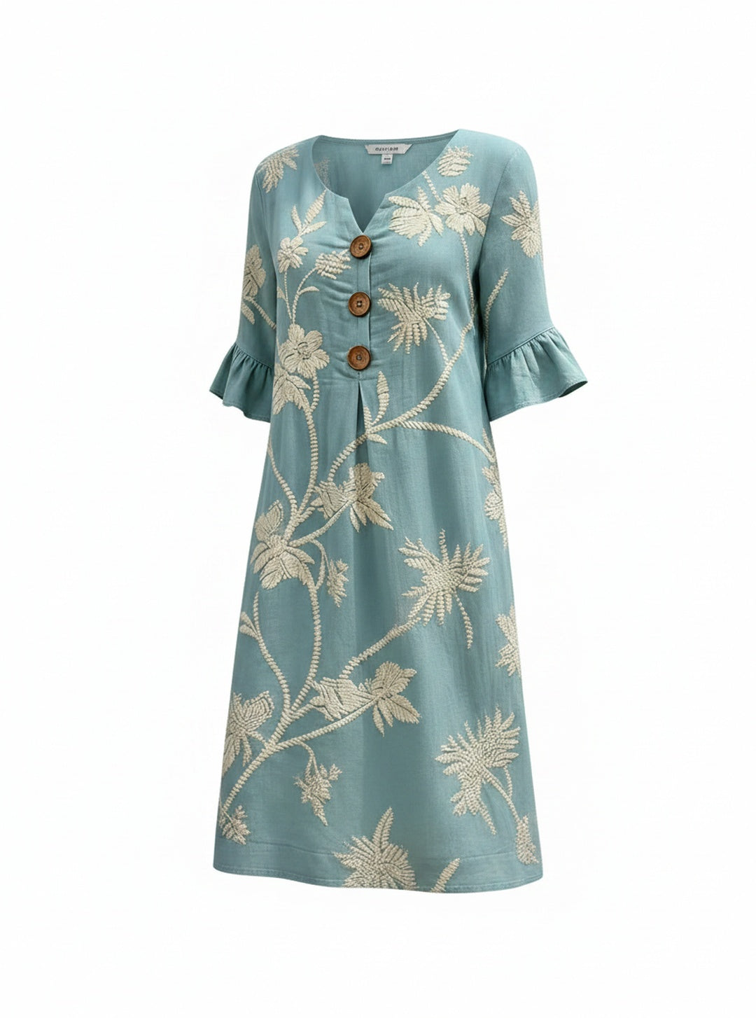 Elegante blauwe dames midi jurk met bloemenborduursels, V-hals en ruches mouwen. Ideale zomer- of strandjurk.