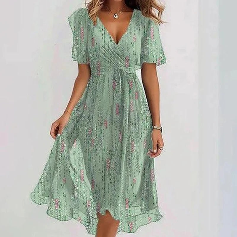 Casual A-lijn midi jurk voor dames met bloemenprint, V-hals en speelse vlindermouwen. Perfecte zomerjurk.