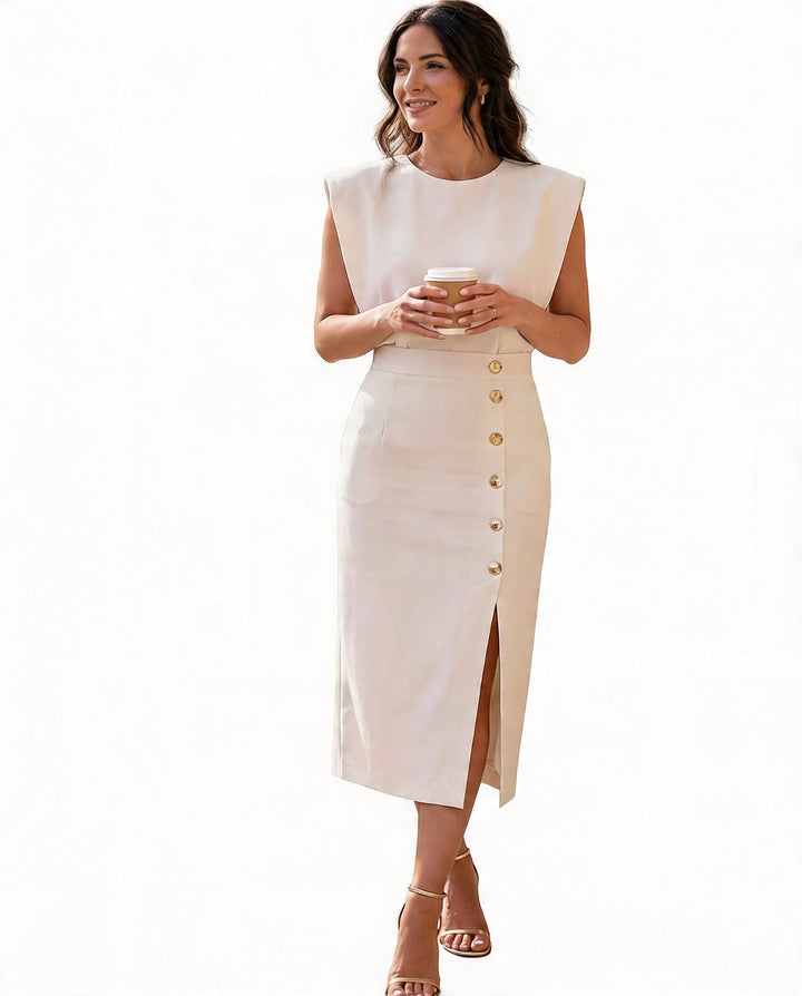 Dames elegante midi jurk crème, mouwloos, met gouden knopen en hoge split. Perfecte stijlvolle zomerjurk.