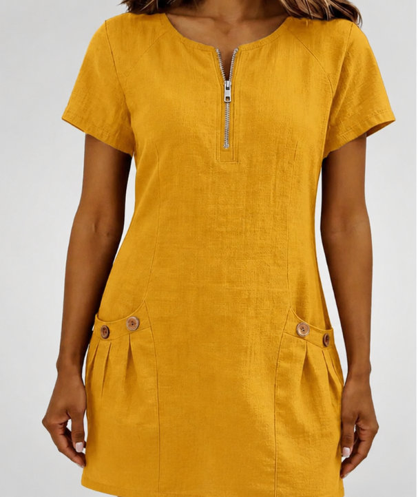 Veelzijdige casual damesjurk: mini, korte mouw, ronde hals, zakken & rits. Lente/zomer must-have.