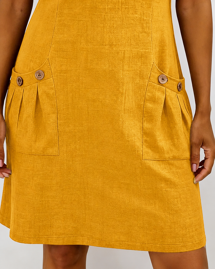 Dagelijkse mode: dames mini jurk met korte mouw, ronde hals, rits & handige zakken.