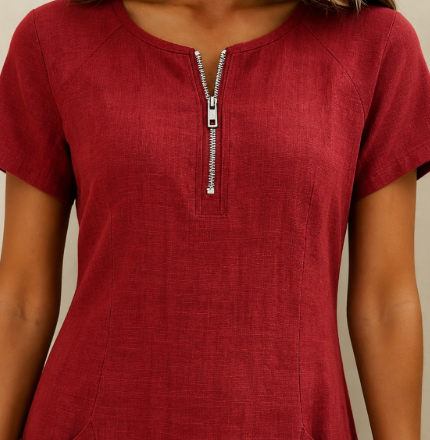 Veelzijdige lente/zomer dames mini jurk met korte mouwen, ronde hals en handige zakken.