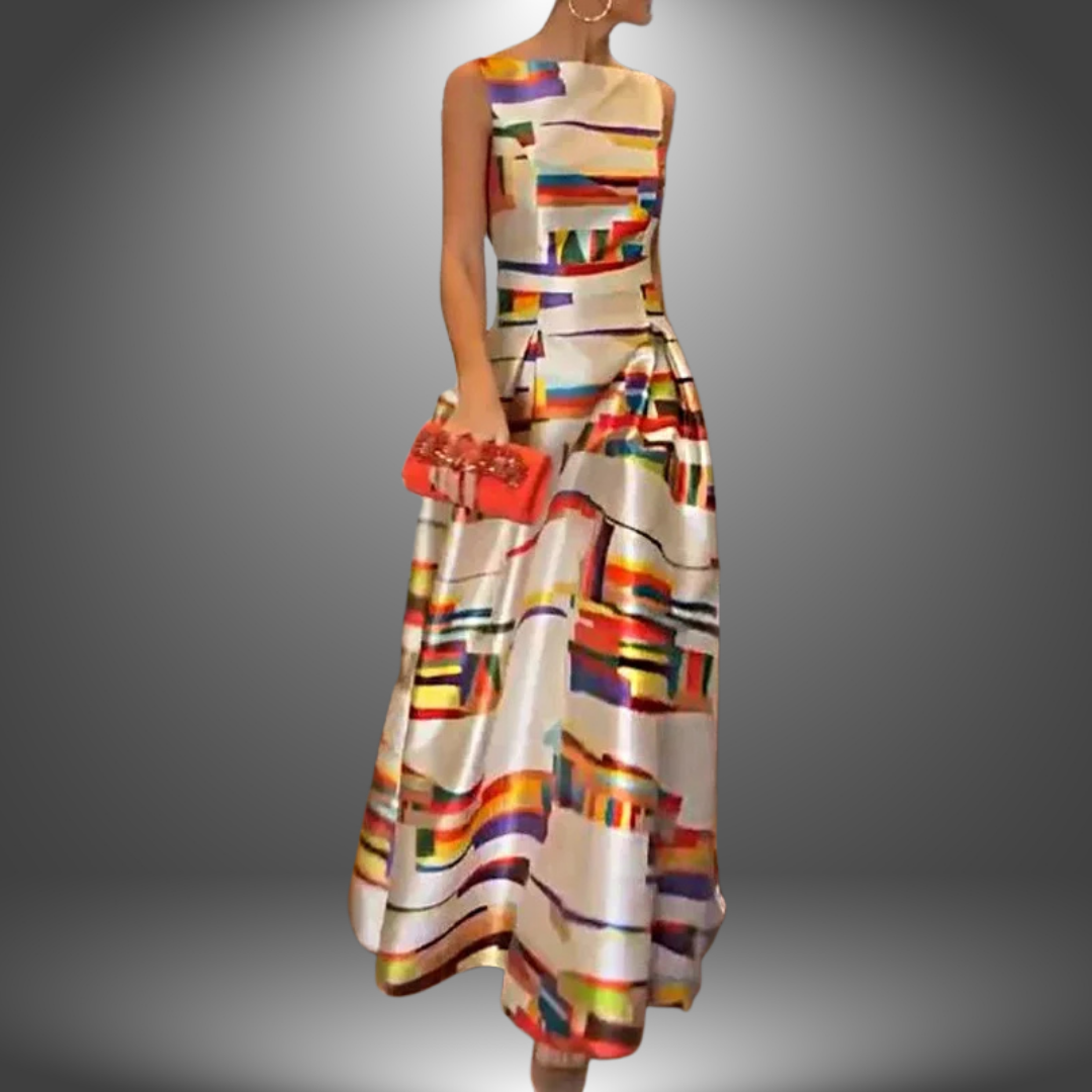 Dames mouwloze A-lijn maxijurk met elegante geometrische print, ideaal voor zomerse dagen of feestjes.