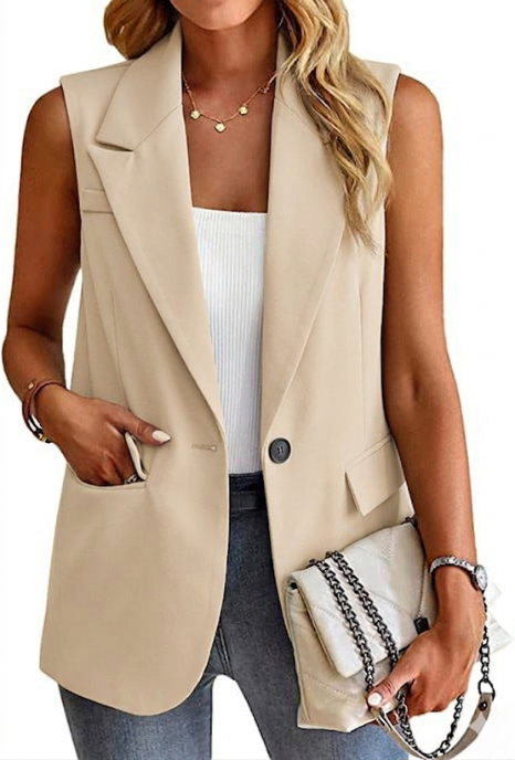 Elegante dames mouwloze blazer blouse, geschikt voor zakelijke kleding of een modieuze zomerse outfit.