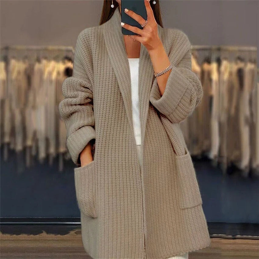 Dames lange cardigan met open voorkant, ideaal voor een comfortabele gelaagde look. Stijlvol en veelzijdig.