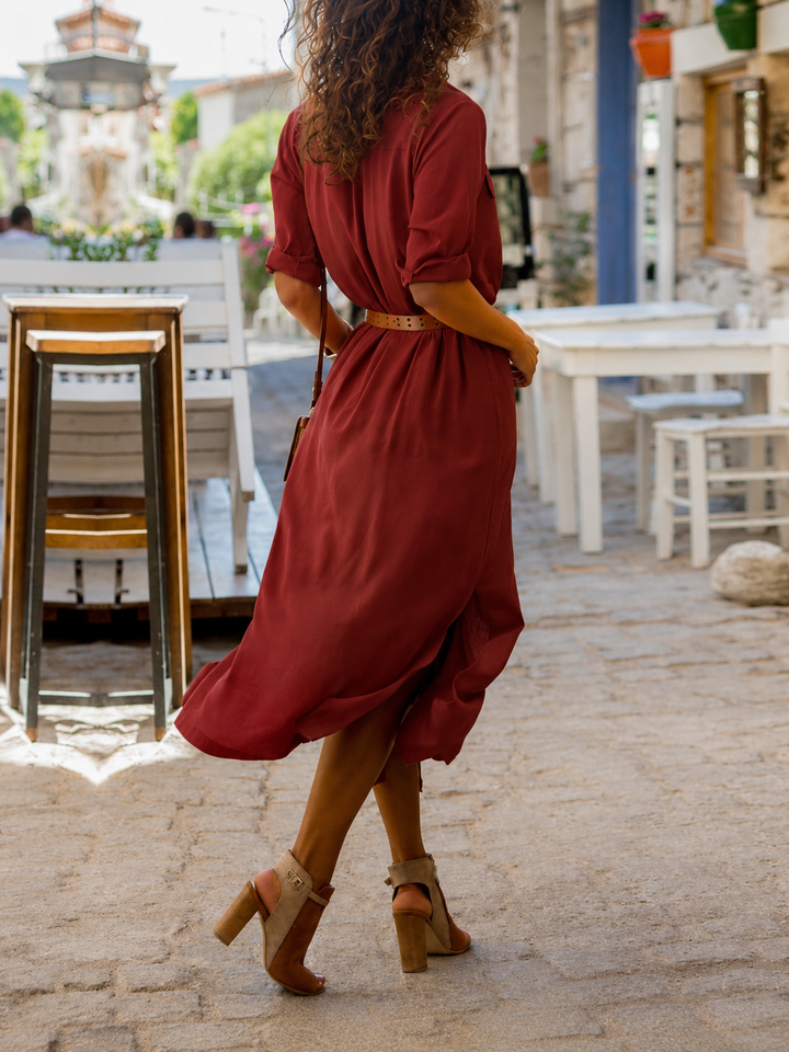Modieuze elegante midijurk voor dames, met riem en overhemdkraag, perfect voor feestjes, kantoor of casual.