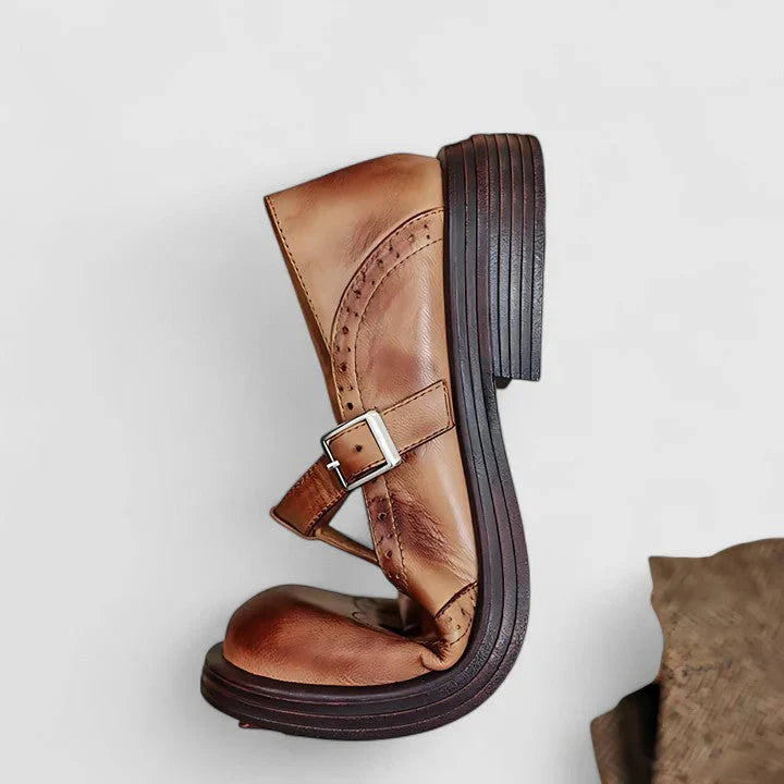 Klassieke bruine platform Mary Jane schoenen voor dames, met comfortabele hoge hakken en een tijdloos design.