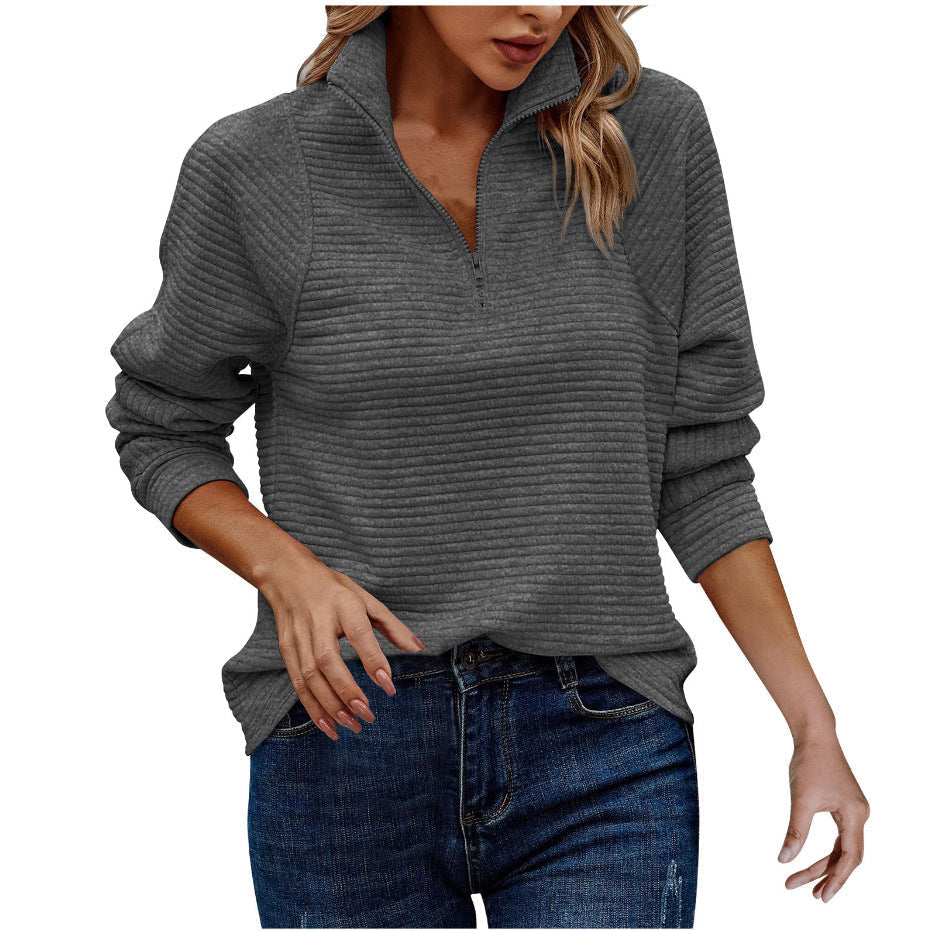 Dames sweater met kwart rits en opstaande kraag, ideaal voor casual mode en dagelijkse stijl.