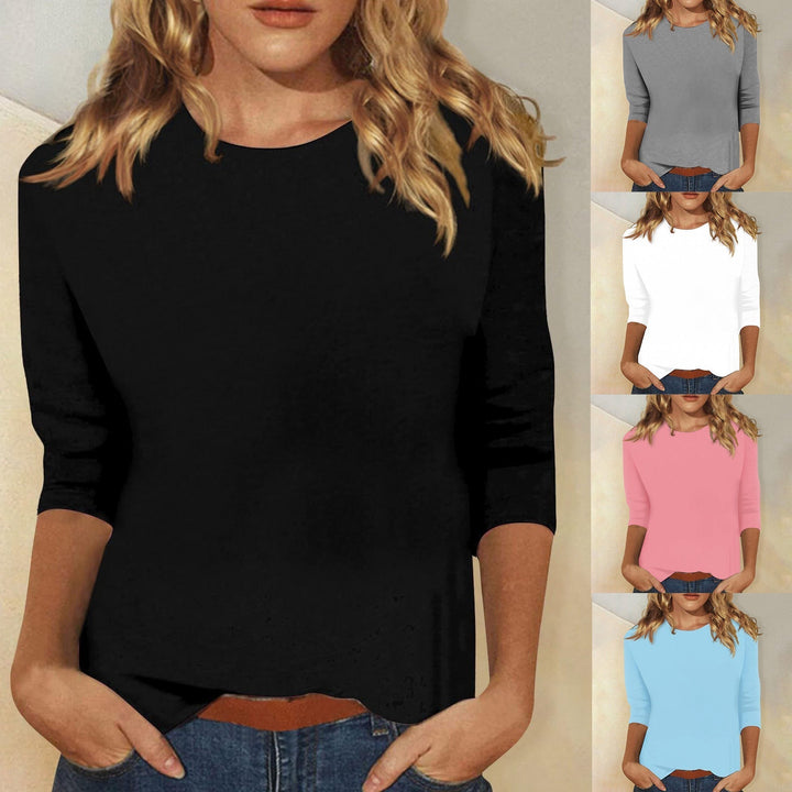 Zwart dames t-shirt met driekwart mouw. Elegant, comfortabel basic shirt met ronde hals, regular fit.