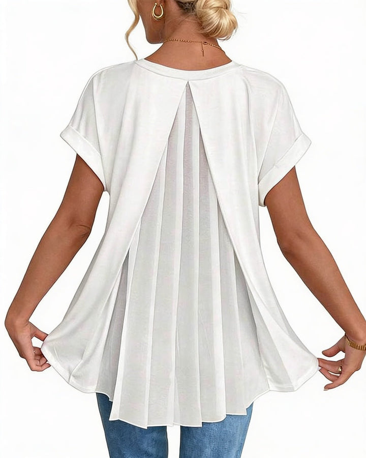 Dames T-shirt met V-hals, korte mouw en stijlvolle geplooide rug. Casual relaxed fit top.