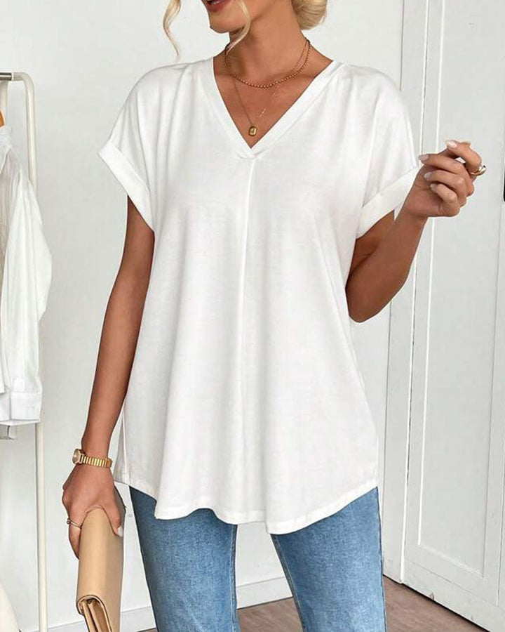 Stijlvol dames T-shirt met geplooide rug, V-hals en korte mouw. Perfect voor casual zomerlooks.