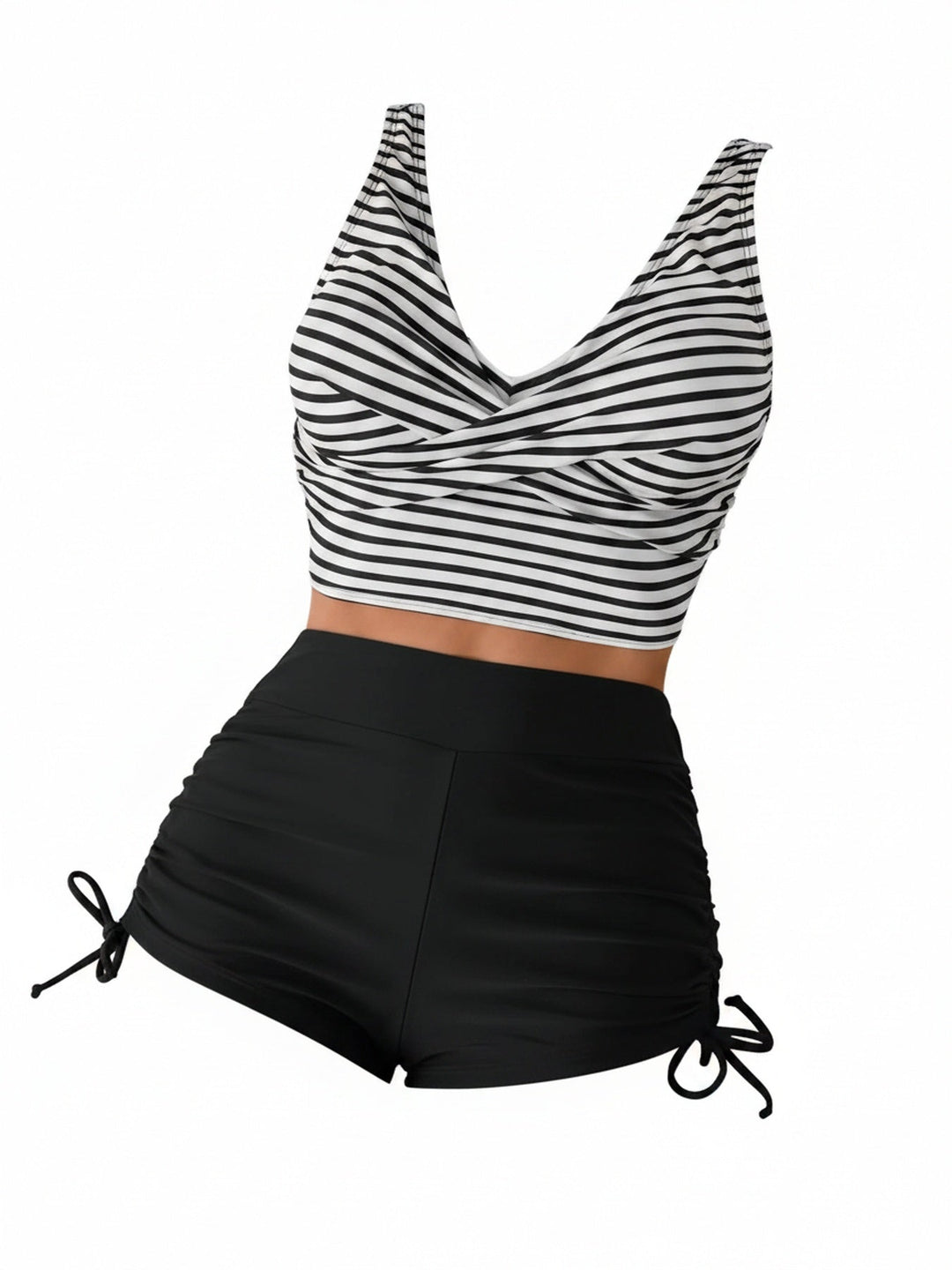 Dames tankini set met hoge taille en gestreepte twist front V-hals top, ideaal voor strand en zwembad.
