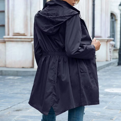 Dames trenchcoat marineblauw, winddicht, waterafstotend, A-lijn pasvorm, lange lengte, elegante ritssluiting, klassieke kraag