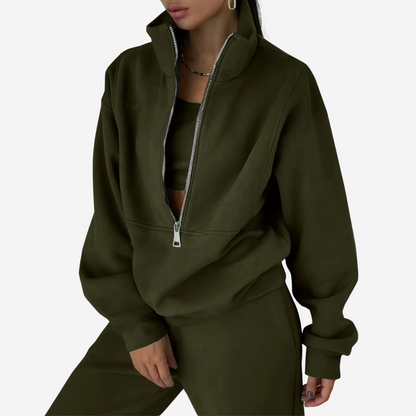 "Dames tweedelig trainingspak: elegante sweater, hoge taille broek, comfortabele pasvorm, ideaal voor casual stijl."